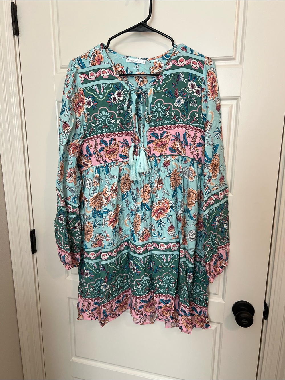 Boho Floral Long Sleeve Dress Tunic - Aqua & Green